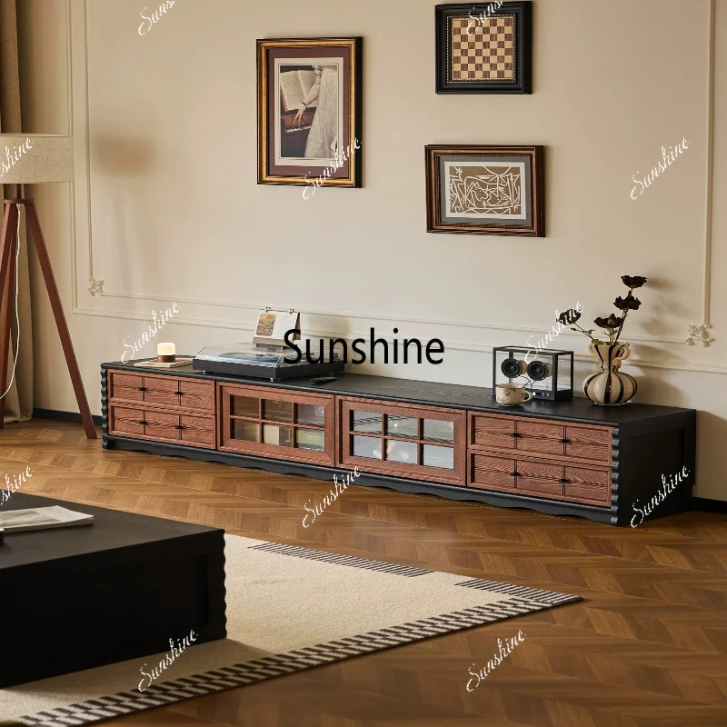 Solid wood floor TV cabinet coffee table combination small apartment medium and ancient style living room home
