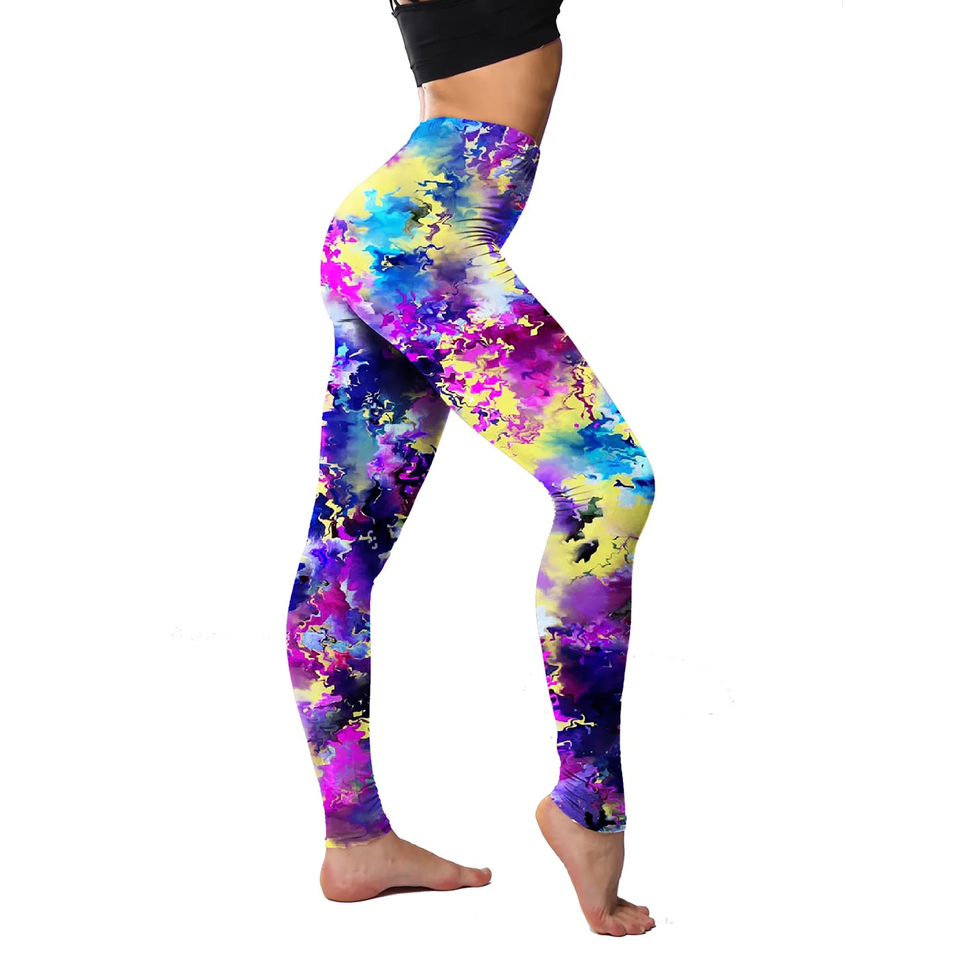 Summer elastic leggings with colorful abstract lines, digital printed base layer pants.