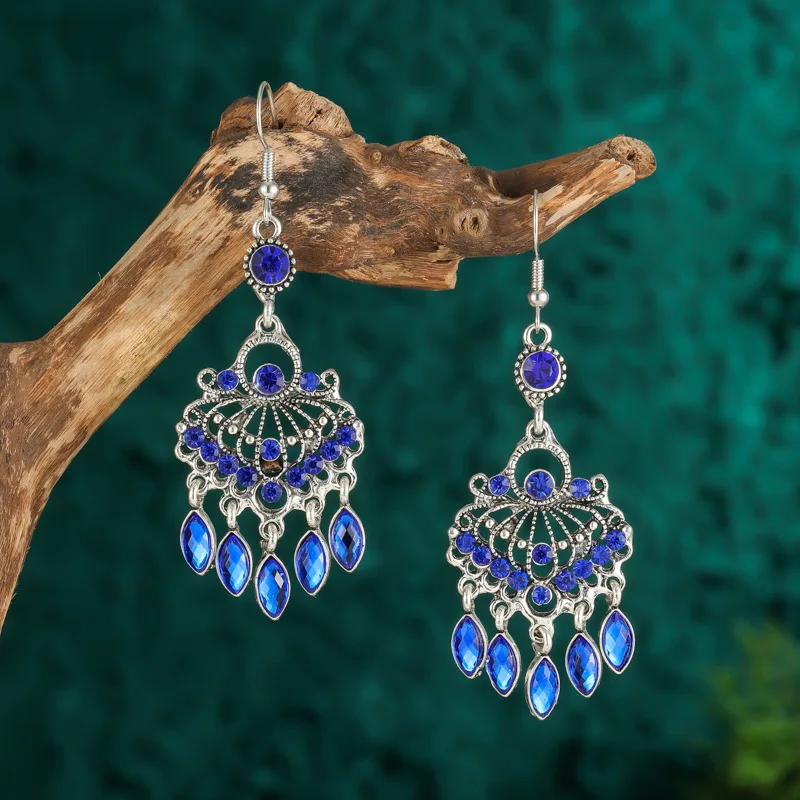 Bohemian Blue Crystal Tassel Earrings for Women Long Ethnic Hollow Silver Color Flower Shaped Indian Drop Earring Bijoux Femme