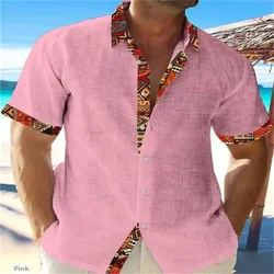 Summer 2024 Fashion Mens Hawaiian Linen Shirts Mens Casual Printed Beach Short Sleeve Oversized Jackets 5 Colors.