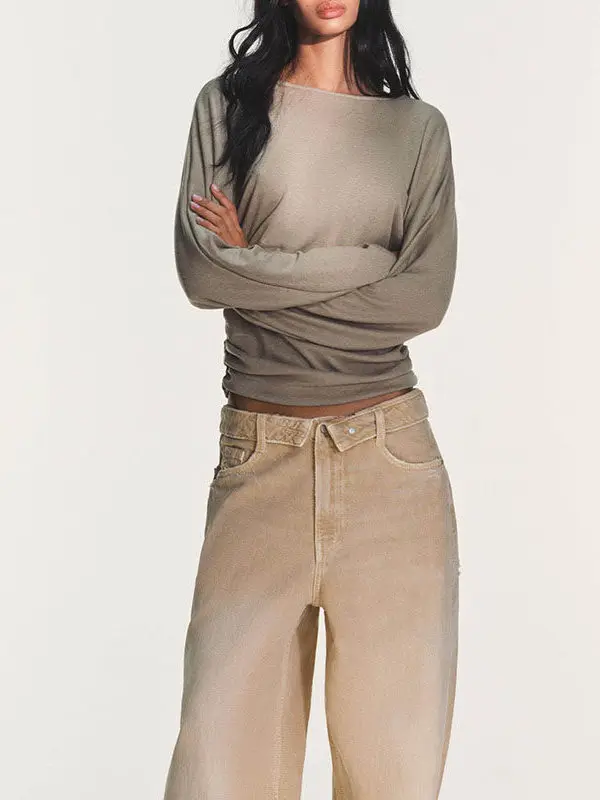 

Весна 2026: Женский модный универсальный повседневный вязаный топ с длинным рукавом, круглым вырезом и боковыми складками, облегающий крой