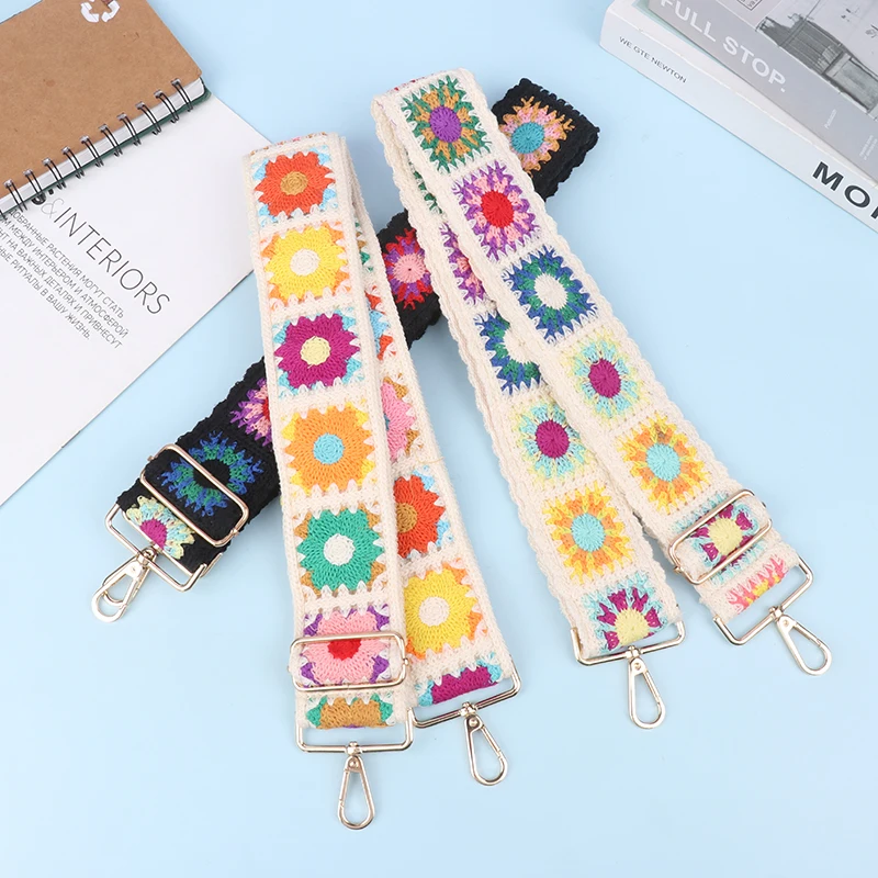 Fashion Crochet Flower Bag Strap DIY Knitted Ethnic Embroidery Purse Bag Strap Wide Adjustable Shoulder Bag Strap Accessories