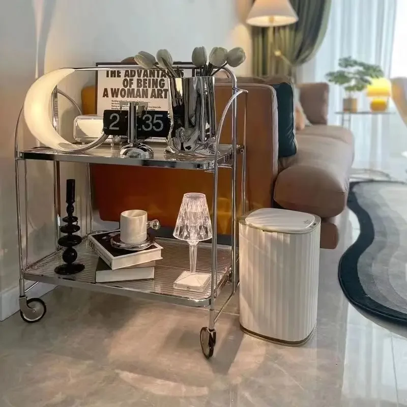 Medieval Style Cart Movable Folding  Wine Cart Transparent Glass Storage Trolley Wheel Kitchen Sofa Side Table