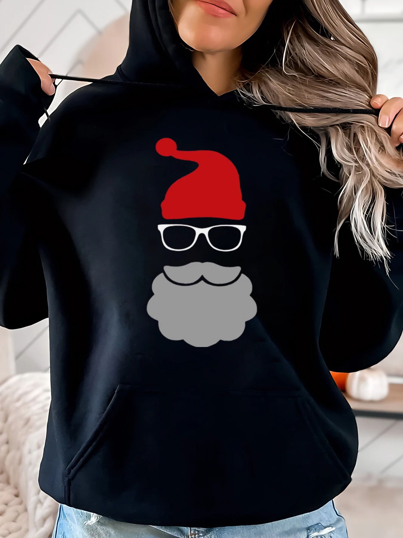 

Санта-Клаус, очки с принтом бороды, рождественская толстовка с капюшоном, женская повседневная зимняя одежда, черный, большие размеры