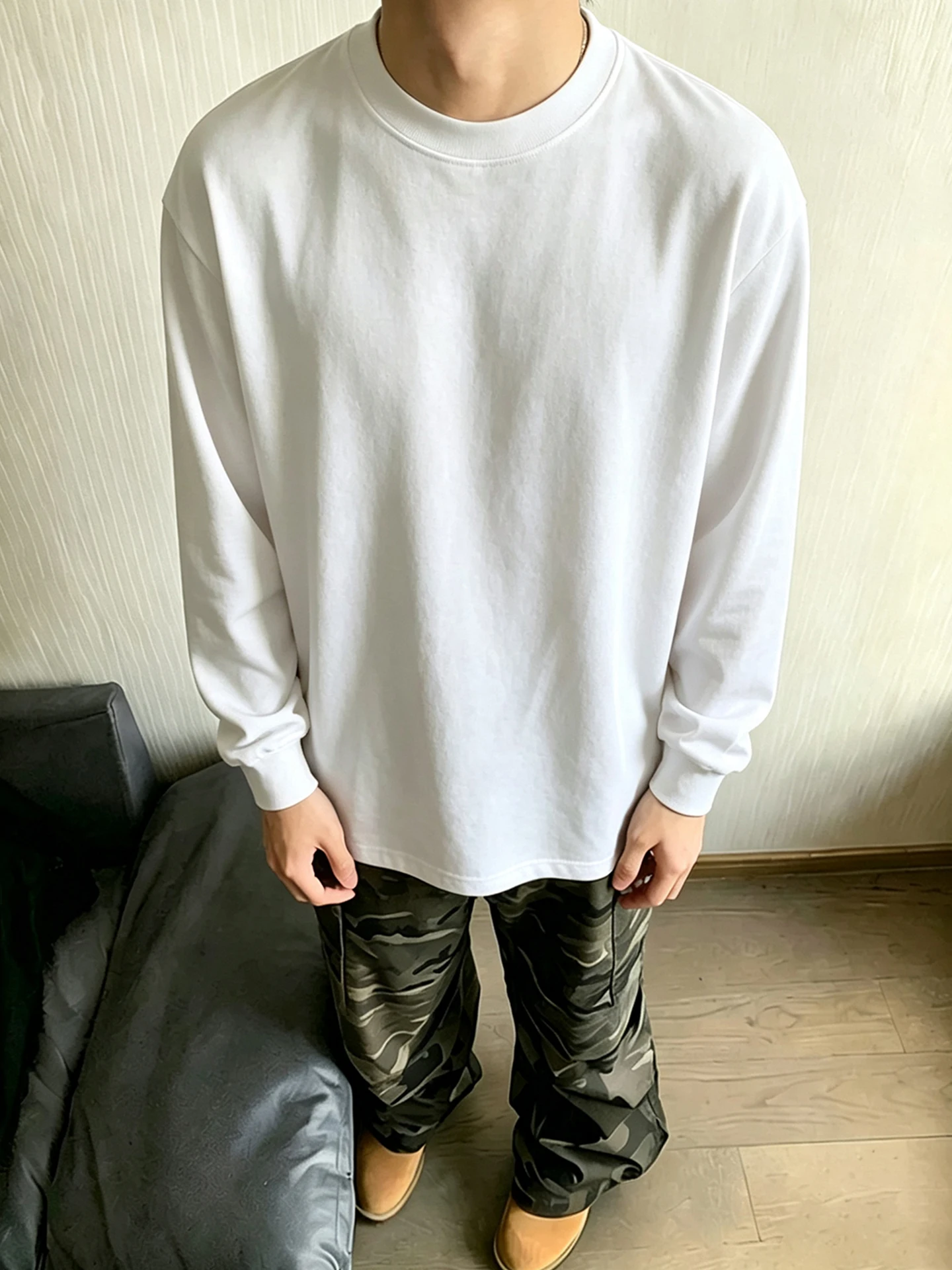 Pure Black Long Sleeve T-Shirt Men's Autumn Heavyweight Hoodless Sweatshirt Cleanfit Shoulder Level Inner Wear Base Shirt