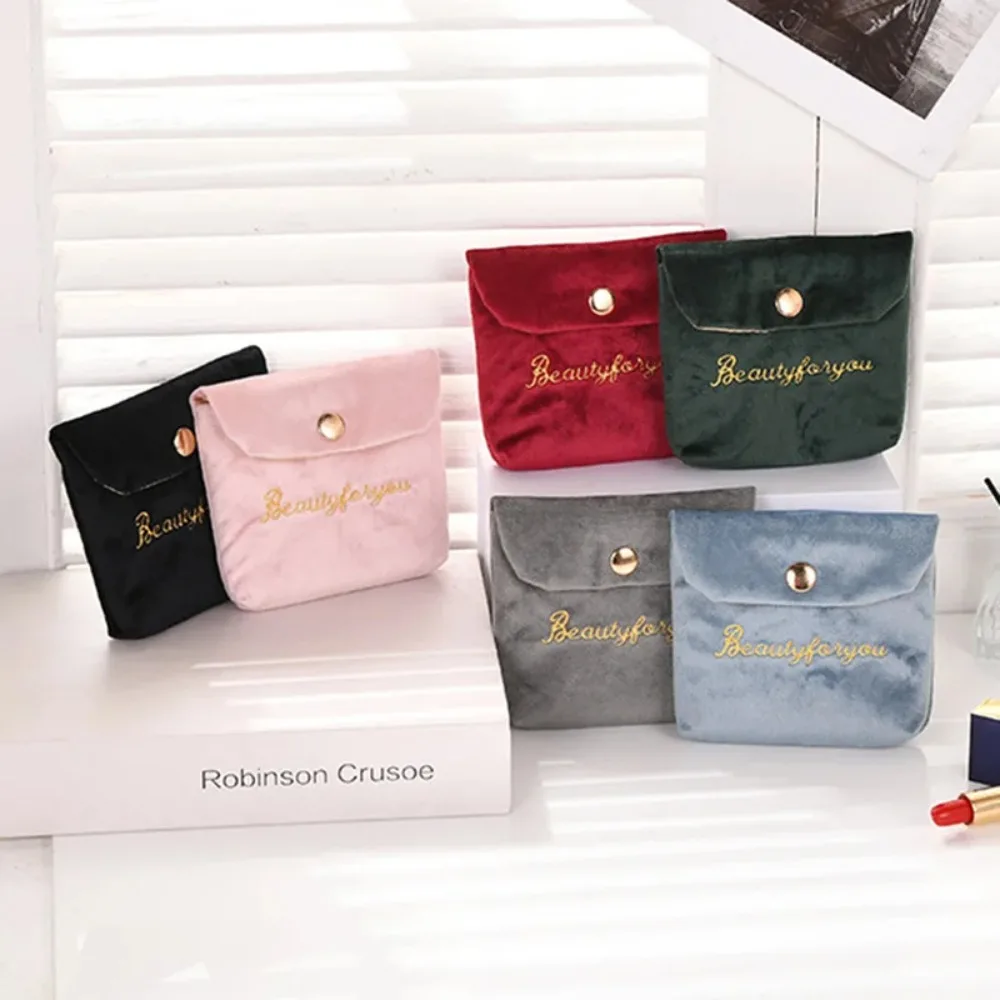 Womens Embroidered Letter Plush Storage Sanitary Pad Pouch Cosmetic Bags Makeup Lipstick Key Earphone Data Cables Organizer