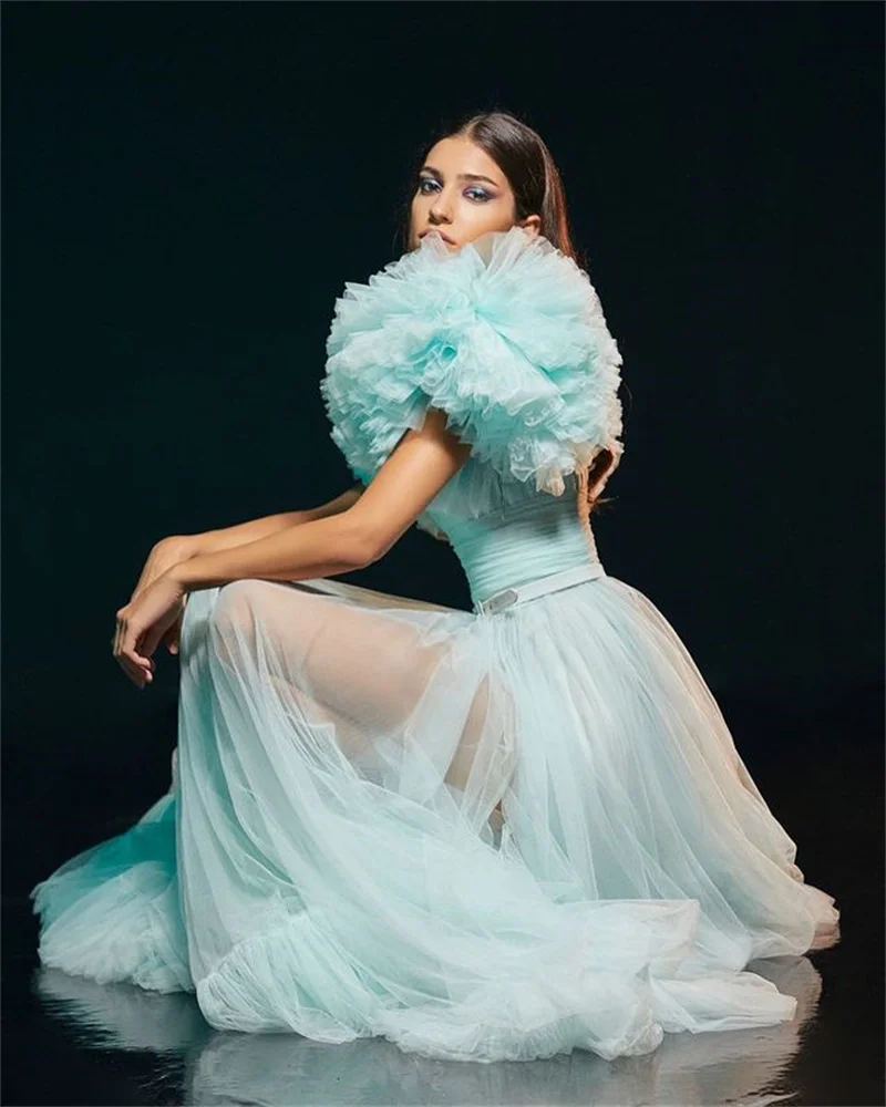 Fashion Mint Green Tulle A Line Long Prom Dresses Ruffles Tiered Sleeves V Neck Side Slit Celebrity Evening Formal Party Gowns