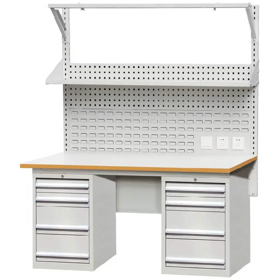E600238 High Quality Multifunctional Pedestal Cinet Light Fixture Shelf and Pegboard Straight Leg ESD Workbench