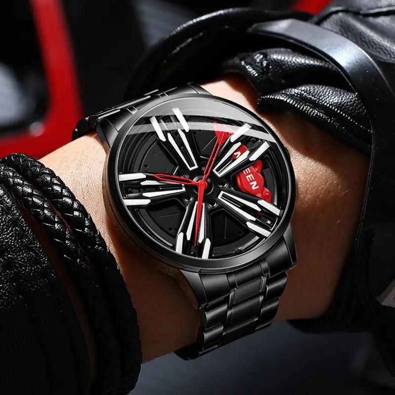 FNGEEN New Racing Watches Men Custom Design Super Car Rim Watch Stainless Steel Black Retro Waterproof Watch Relogio Masculino