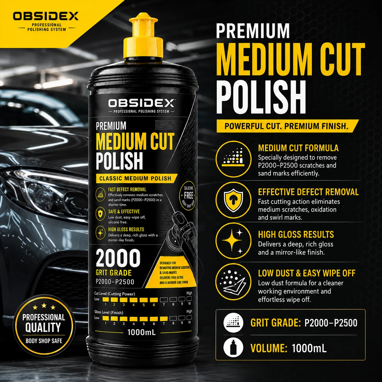 OBSIDEX Professional Medium Cut Polish – Fast Defect Removal, P2000–P2500 Sanding Mark Elimination, High Gloss Finish (1000mL)