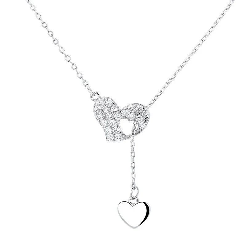 Hot-Seller CZ Heart Lariat Necklace Y-shaped Drop Heart Pendant Necklace Women Romantic Double Love Daily Jewelry