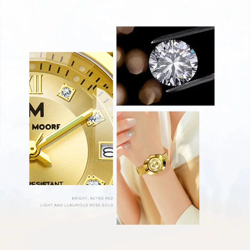 JONNY MOORE 8561 ساعة كوارتز ذهبية عصرية للنساء مع تصميم تاريخ تلقائي ساعات رائعة بحزام فولاذي للنساء Reloj Mujer