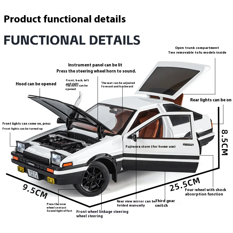 JDM 1:18 Toyota AE86 TRUENO Drift Racing aleación Metal Diecast