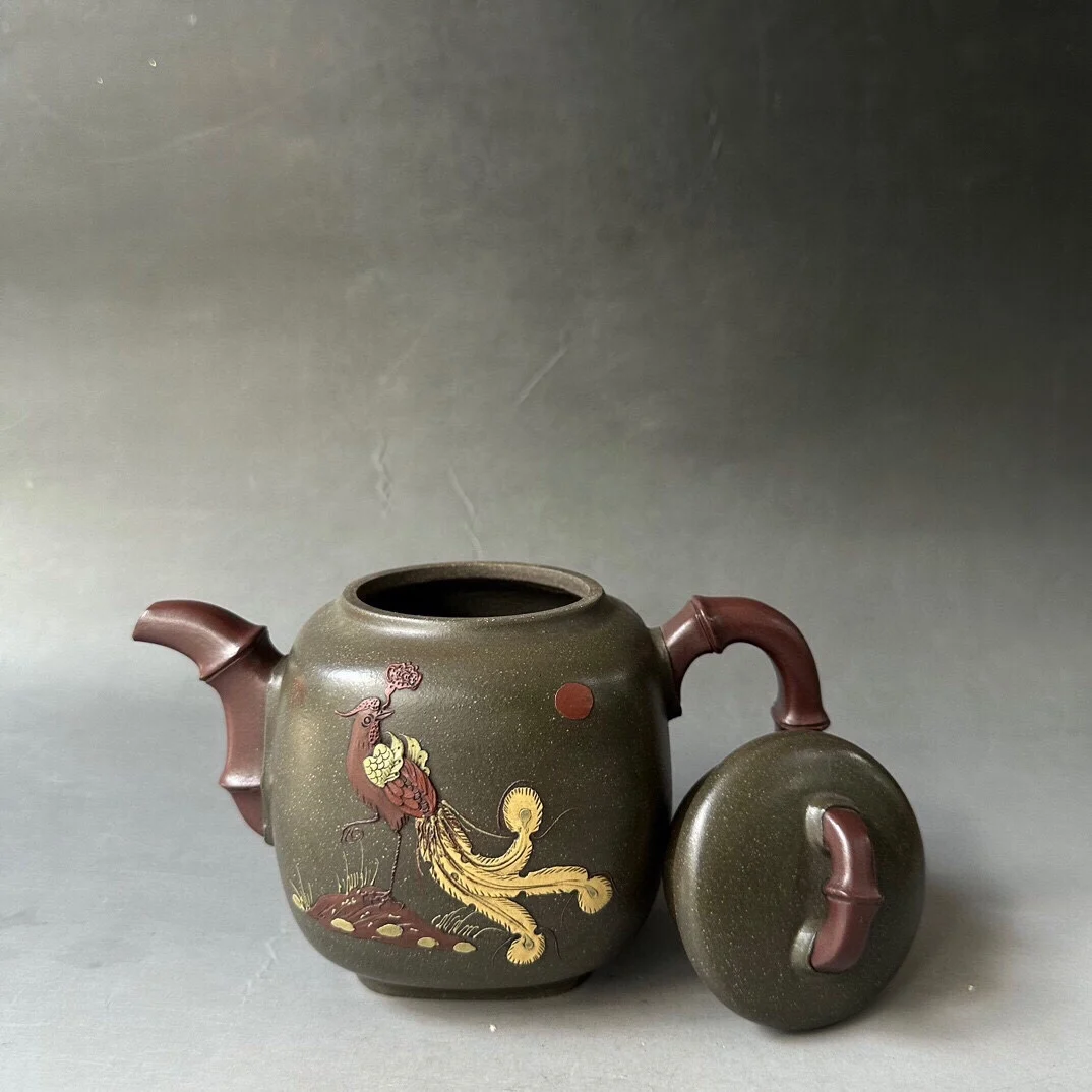 Old Chinese Handicraft Enameled YiXing Zisha Teapot,Phoenix facing the rising sun,with mark, Free shipping