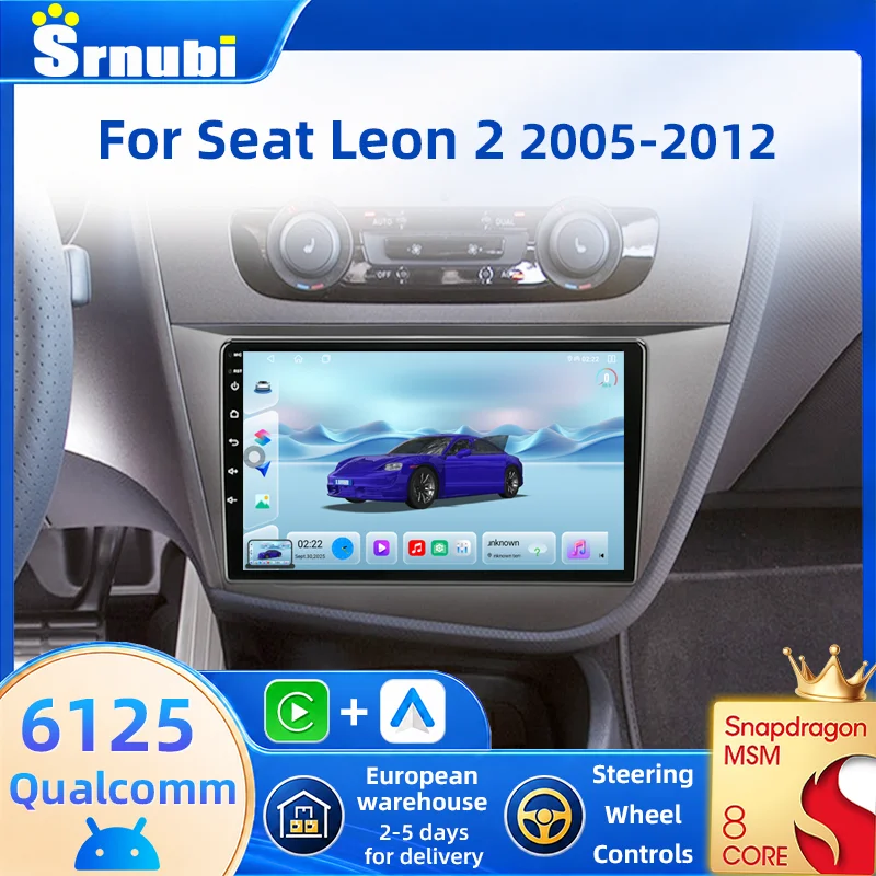 Srnubi Autoradio 2 Din 9 pouces avec écran QLED, Qualcomm 6125 8 cœurs, pour Seat Leon 2 MK2 2005 - 2012, Carplay sans fil, Android Auto, navigation GPS, DSP EQ, 4G WIFI, Bluetooth 5.0, SWC, caméra de recul, ventilateur de refroidissement intégré, RDS FM AM.