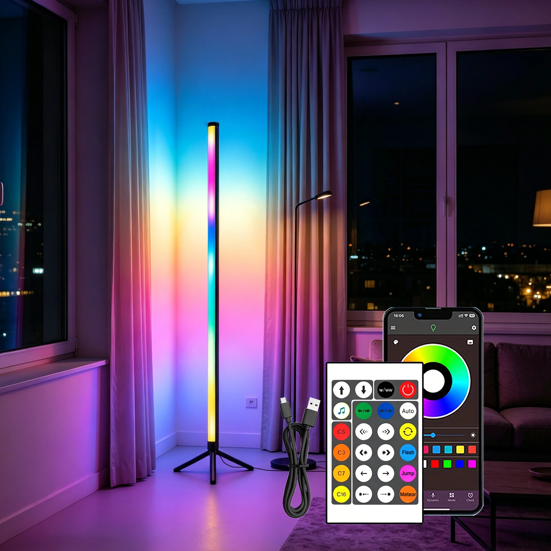 RGB LED-светильники для комнаты с синхронизацией музыки, красочная напольная лампа с управлением через приложение и пультом ДУ, для гостиной, спальни, игровой комнаты