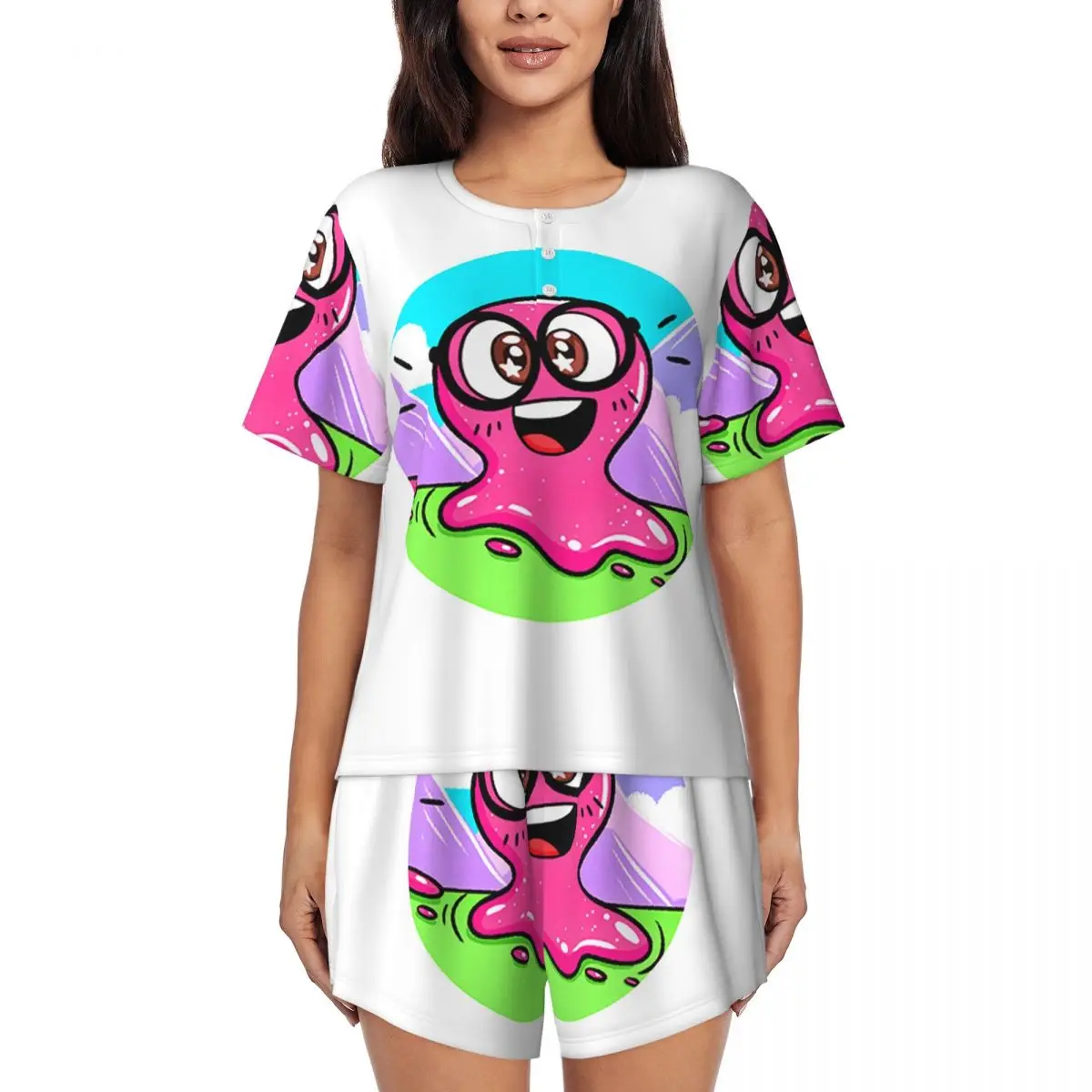 

Super Slick Slime Sam Round Neck Short Sleeves Nightdress for Sleeping Sleepshirts Women Soft Pajama Set Short Pants