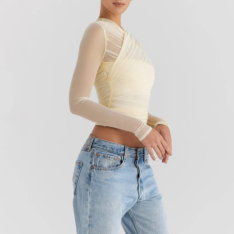 2025 Sale New Sexy Fashion Hot Girl Mesh Patchwork Zipper Sheer Long Sleeve Short Top