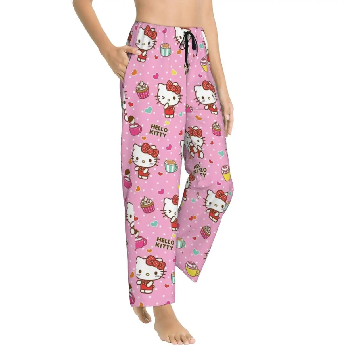 Custom Cartoon Anime Hello Kitty Bow Pajama Pants Sleepwear for Women Elastic Waistband Sleep Lounge Bottoms with Pockets