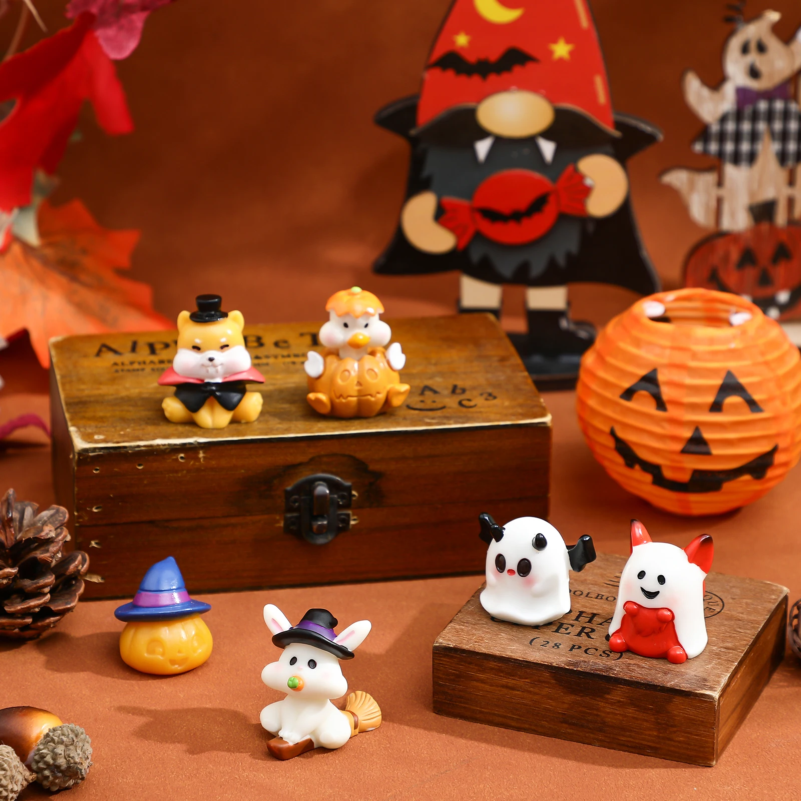 

6Pcs Halloween Mini Resin Crafts Lovely Ghost Witch Rabbit Pumpkin Figures for Micro Landscape Plant Decoration Halloween