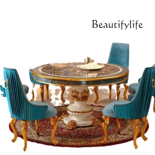 French court luxury round dining table Italian shell parquet dining table household European dining chair combination