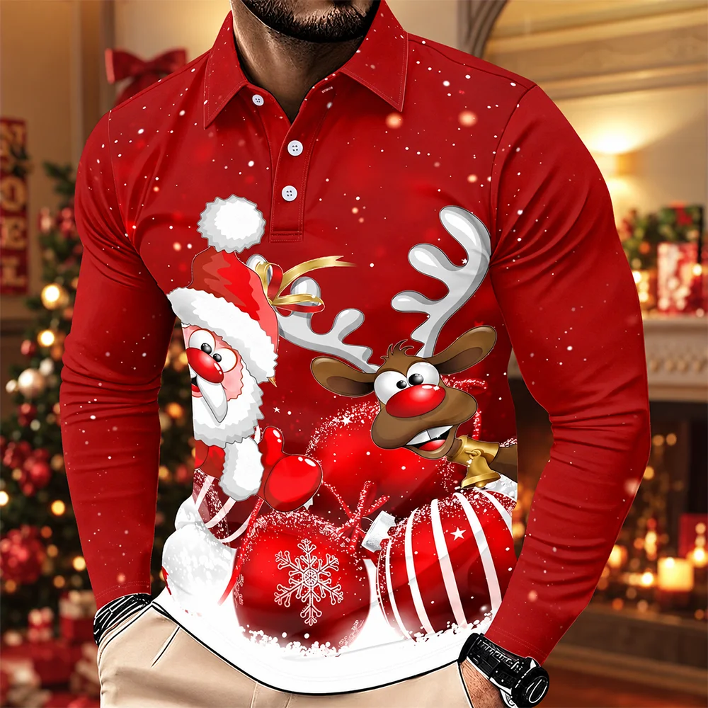 Santa Claus Men's Merry Christmas snowflake Button-Down Long Sleeve Polo Shirt Fashion Holiday Autumn Lapel 3D Printed Shirt