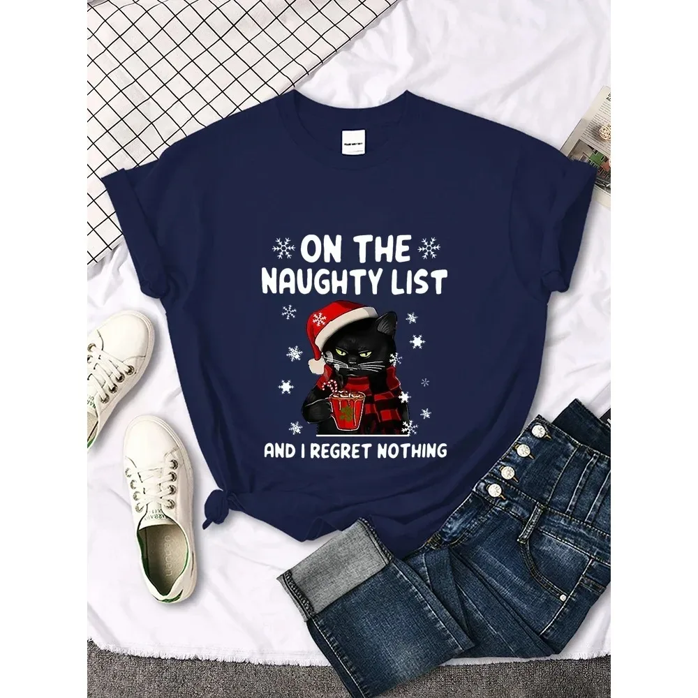 CHRISTMAS Female T-Shirts SANTA CAT ON THE NAUGHTY LIST AND I REGRET NOTHING Fashion Tee Clothing Harajuku Women Tops