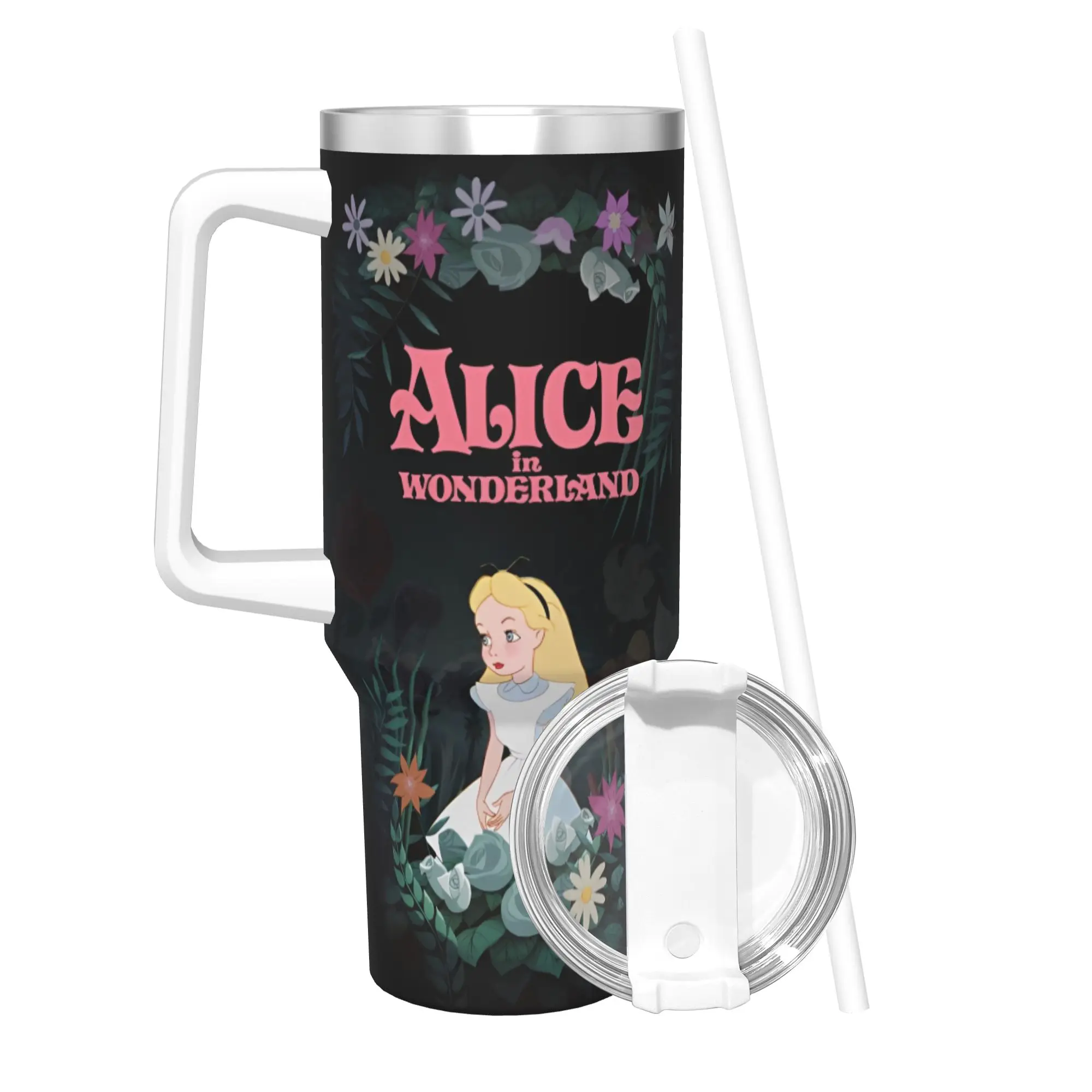 

Изолированный стакан «Принцесса Алиса в стране чудес» с соломинкой и крышкой, кофейные кружки из нержавеющей стали, чашка для офиса и дома, 40 унций