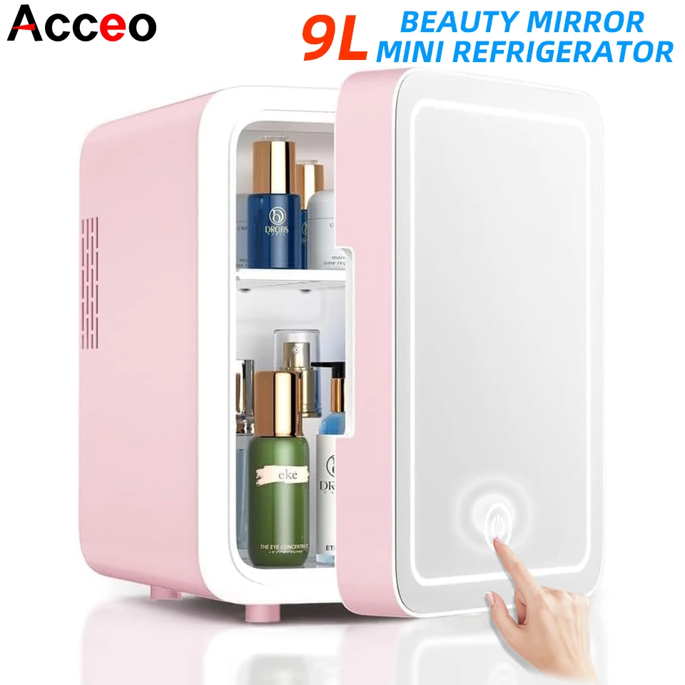 

9L Beauty Mirror Mini Fridge Portable Skincare Cosmetic Refrigerator with LED Mirror for Makeup Perfume Beverage Dorm & Office