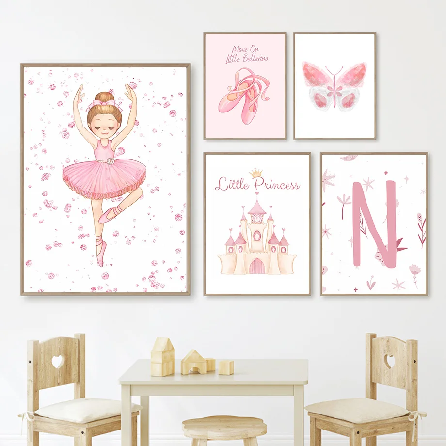 Pink Nursery Custom Girl Name Posters And Print Ballet Princess Shoes Butterfly Castle Wall Art Canvas Painting Kids Room Decor