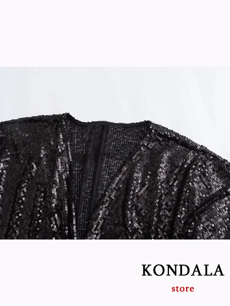 KONDALA Vintage Chic Women Black Solid Tops Long Sleeve Sequin V Neck Short Tops Loose New Fashion 2023 Autumn Streetwear Tops