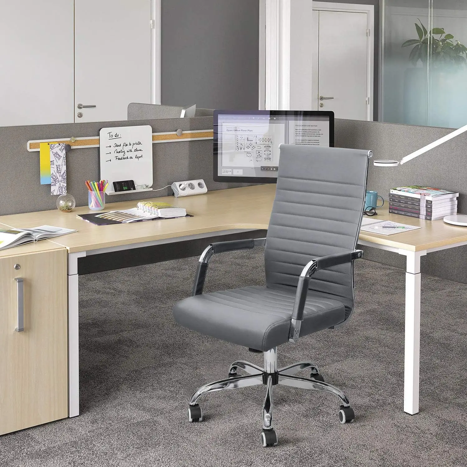 Ribbed Office Desk Mid Back Computer Chair Height Adjustable Conference Executive Task Swivel PU Leather