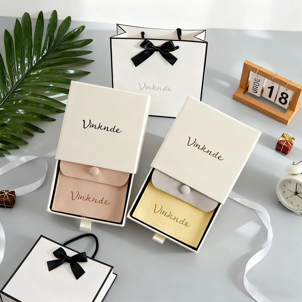 

Customized Logo Jewelry Packaging Beige Paper Storage Boxes Earrings Bracelets Necklaces Gift Sliding Drawer Box With Snap Bag