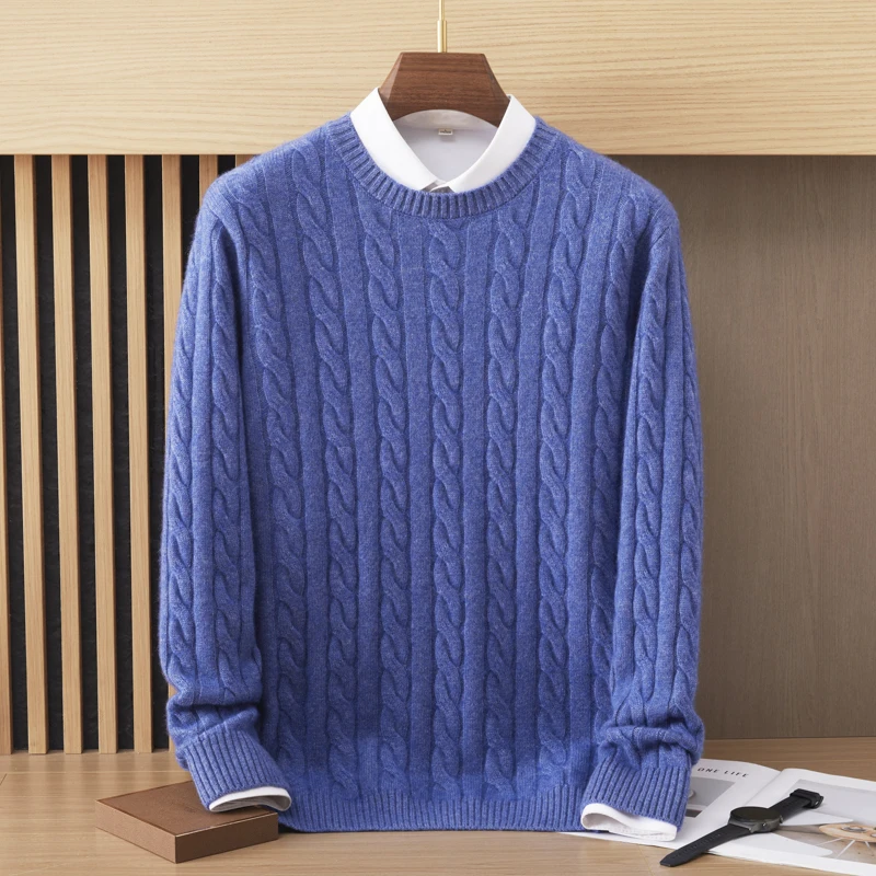 

Men's Autumn Winter New 100% Cashmere Thick Round Neck Pullover Sweater Twisted Flower Knitted Base, Long Sleeved Warm Clothing