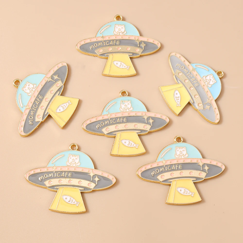 

Leslie 10pcs Enamel Metal Cat Alien ET Spaceship Charms Pendants for Earrings Keychain Jewelry Making Diy Accessories