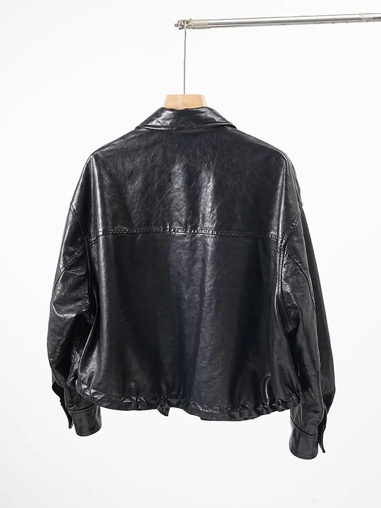 คุณภาพสูงแฟชั่นหญิงน้ํามันขี้ผึ้งของแท้หนังหนังแกะธรรมชาติสั้นOuterwear Single Breasted Turndown Collar Coat