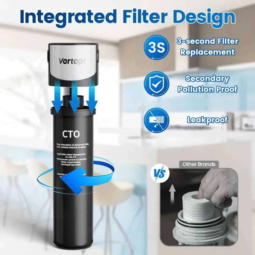 Vortopt Under Sink Water Filter System 19K Gallons NSF/ANSI 42 Certified Water Filtration Reduces Lead Chlorine Q5-C2