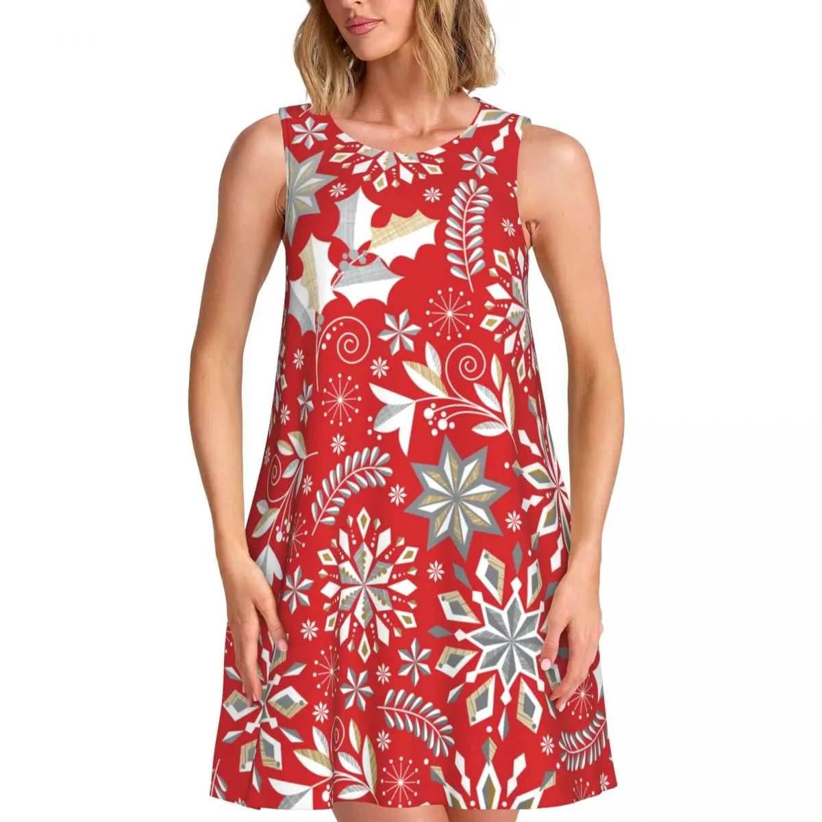 

Красный рождественский подарок на заказ, свободный сарафан с карманом и принтом, женское платье без рукавов для пляжного отдыха, платье