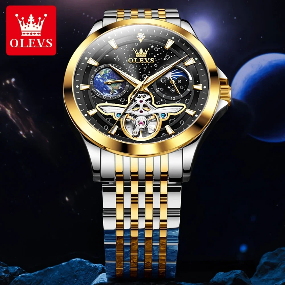 Olevs Luxury Brand Men\'S Watches Hollow Out Flywheel Luminous Waterproof Fully Automatic Mechanical Watch Starry Sky Moon Dial