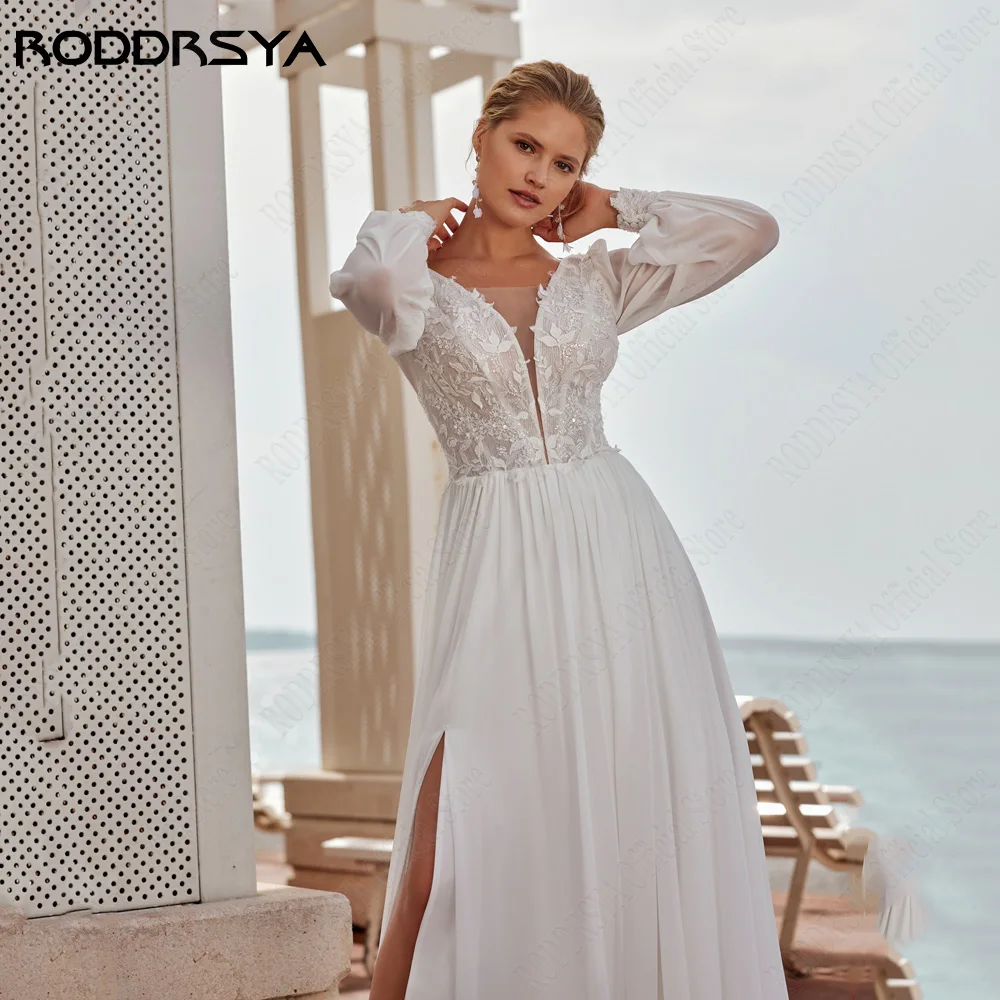 RODRSYA Chiffon Vestidos de Noiva Vintage Puff Sleeves Double V-Neck Vestidos de Noiva ARODDRSYA Chiffon Vestidos De Casamento Vintage Puff Mangas Duplo V-Neck Noiva Vestidos Applique Side Split A-Line Vestido De Novia