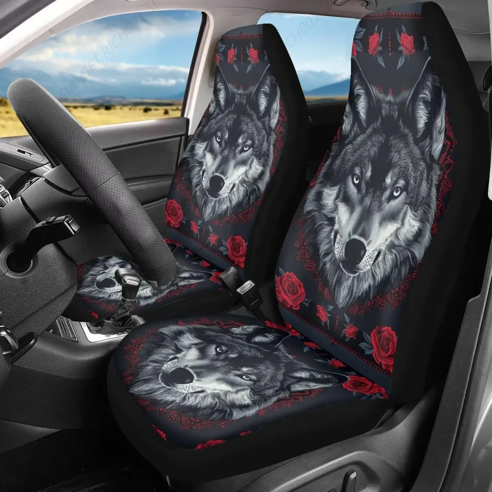 

Conjuntos fundas para asientos coche Wolf Rose, funda para asiento coche, accesorios para asientos lanteros coche 2 piezas,