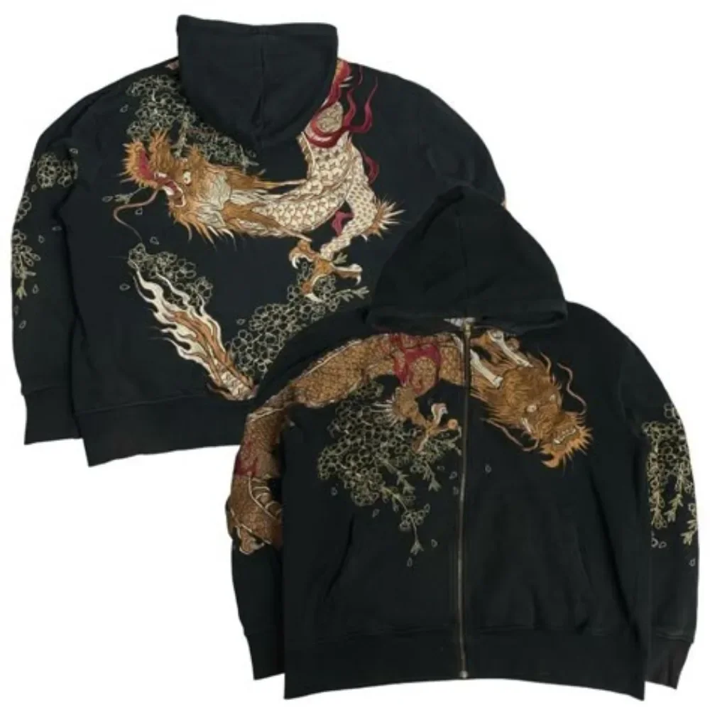 Trendiger Retro-Hoodie mit Reißverschluss, Y2K-Stil für Männer und Frauen, Hip-Hop-Stickerei, lässiger lockerer Hoodie mit Kirschblüten-Drachenmuster. – Detail 3