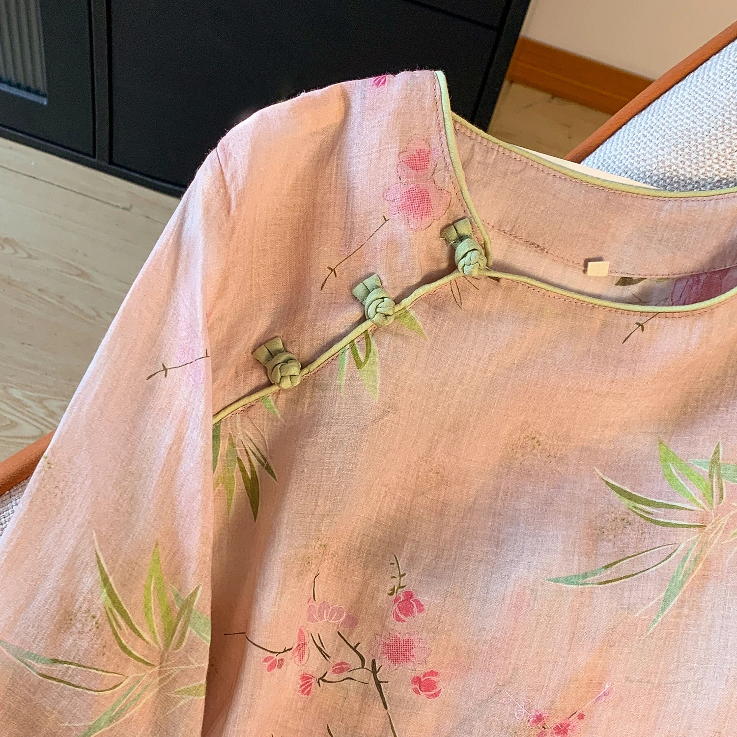 Neue Chinesische Sle runde Ne Gedruckt Flachs irt frauen Frühling Herbst Retro Nationalen Künstlerische Tee Kleidung Elely Geraffte...