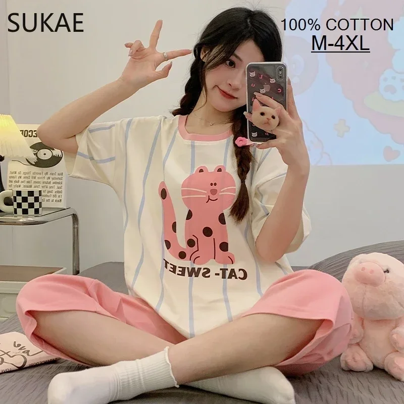 SUKAE 100% Cotton M-4XL Women Pajamas Set Summer Sleepwear Short Knee-length Pants Nightwear Capris Loungewear Cartoon Pijama