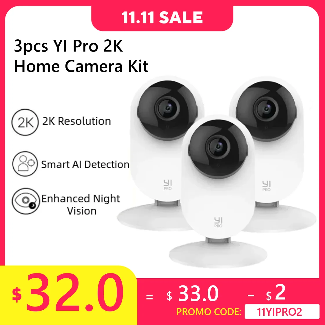 YI Pro 3-delige kits 2K Home Camera Wi-Fi IP-beveiliging Surveillance Smart System met nachtzicht