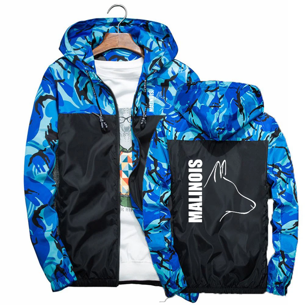 

Silly Dog Belgian Malinois 2023 Men New Spring Autumn Camouflage Stitching Windbreaker Casual Jacket Coat Hooded Sportswear Top