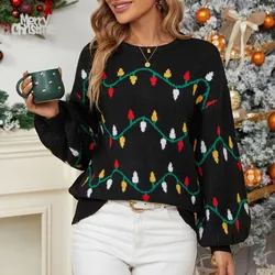 Winter Women's Fashionable Pullover Sweater Casual Colorful Lights Christmas Long Sleeved Embroidered Round Neck Knitted Sweater