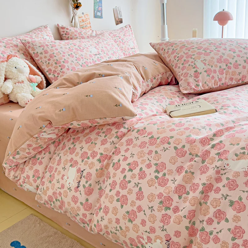 Pink Rose Flower Cotton Duvet Cover Romantic Floral Bedding Set Reversible Printed Comforter Cover Cartoon Rabbit Quilt Cover