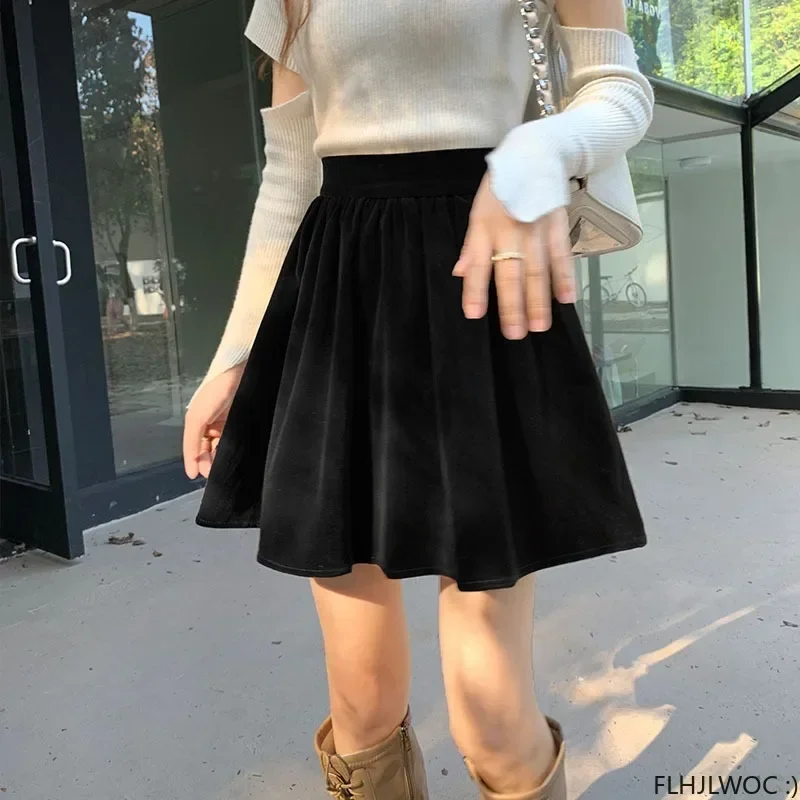 Winter Velvet Skirts New Design 2024 New Year Spring Japan Girls Chic Fashion Elastic Waist Mini Skirt