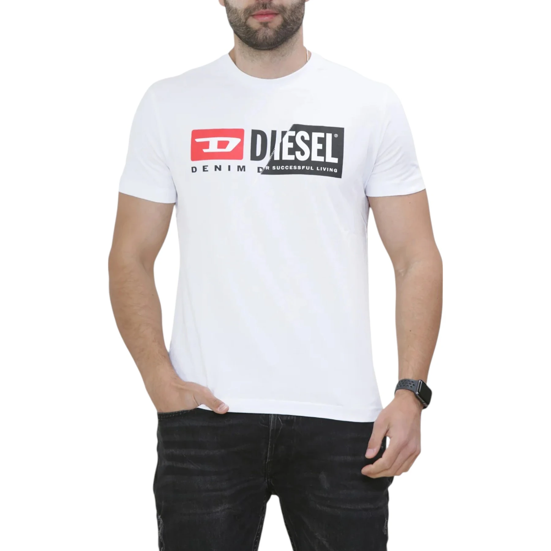 2026 DIESEL Denim Patch Logo Print T-Shirt Unisex Black Short Sleeve Tee Red Square D Icon White DIESEL Text Front Print Street